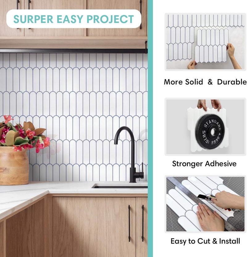 Commomy Thicker White Peel and Stick Tiles Backsplash - 10 pcs of 12" x 12" - 3D Adhesive Peel and Stick Backsplash for Kitchen, Bathroom, Removable, Waterproof, Vinyl Wall Tile (Gray Grout) - Image 5